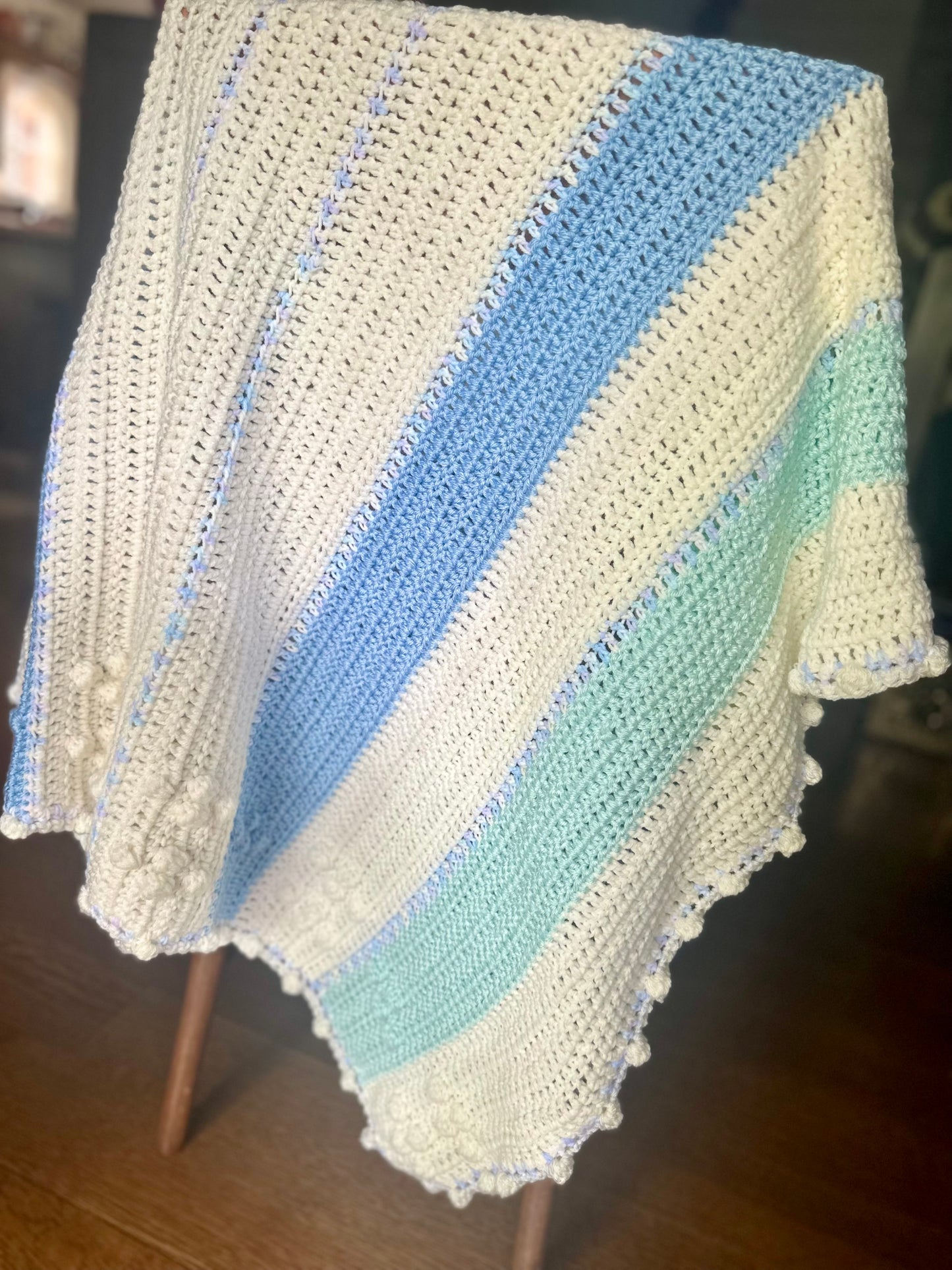 Crocheted Baby Blanket blue white frost color NEW