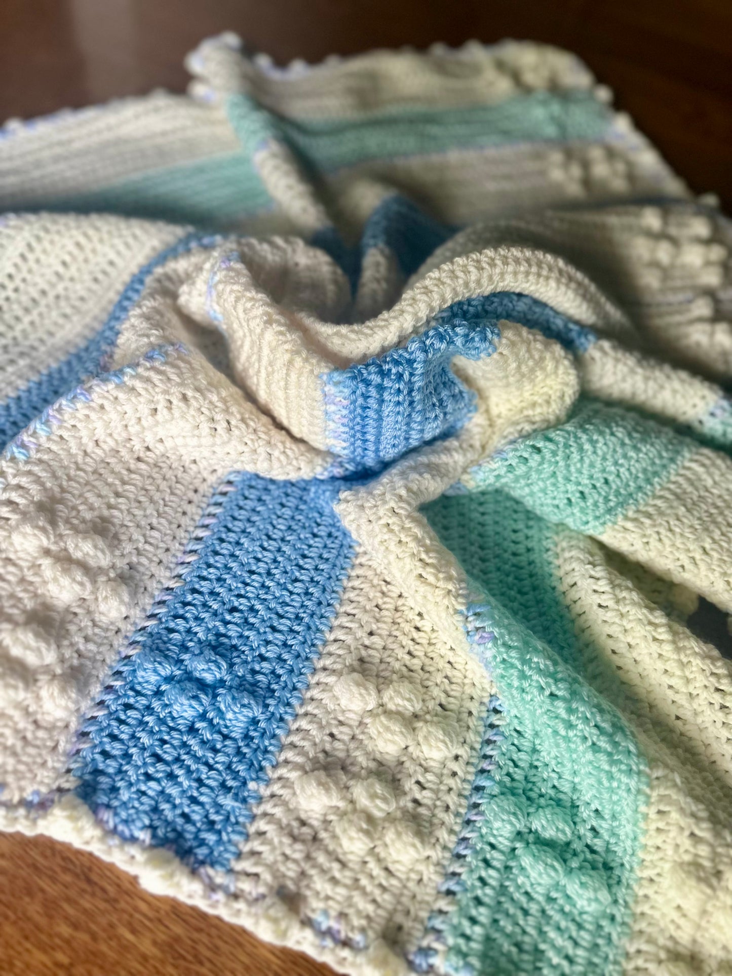 Crocheted Baby Blanket blue white frost color NEW