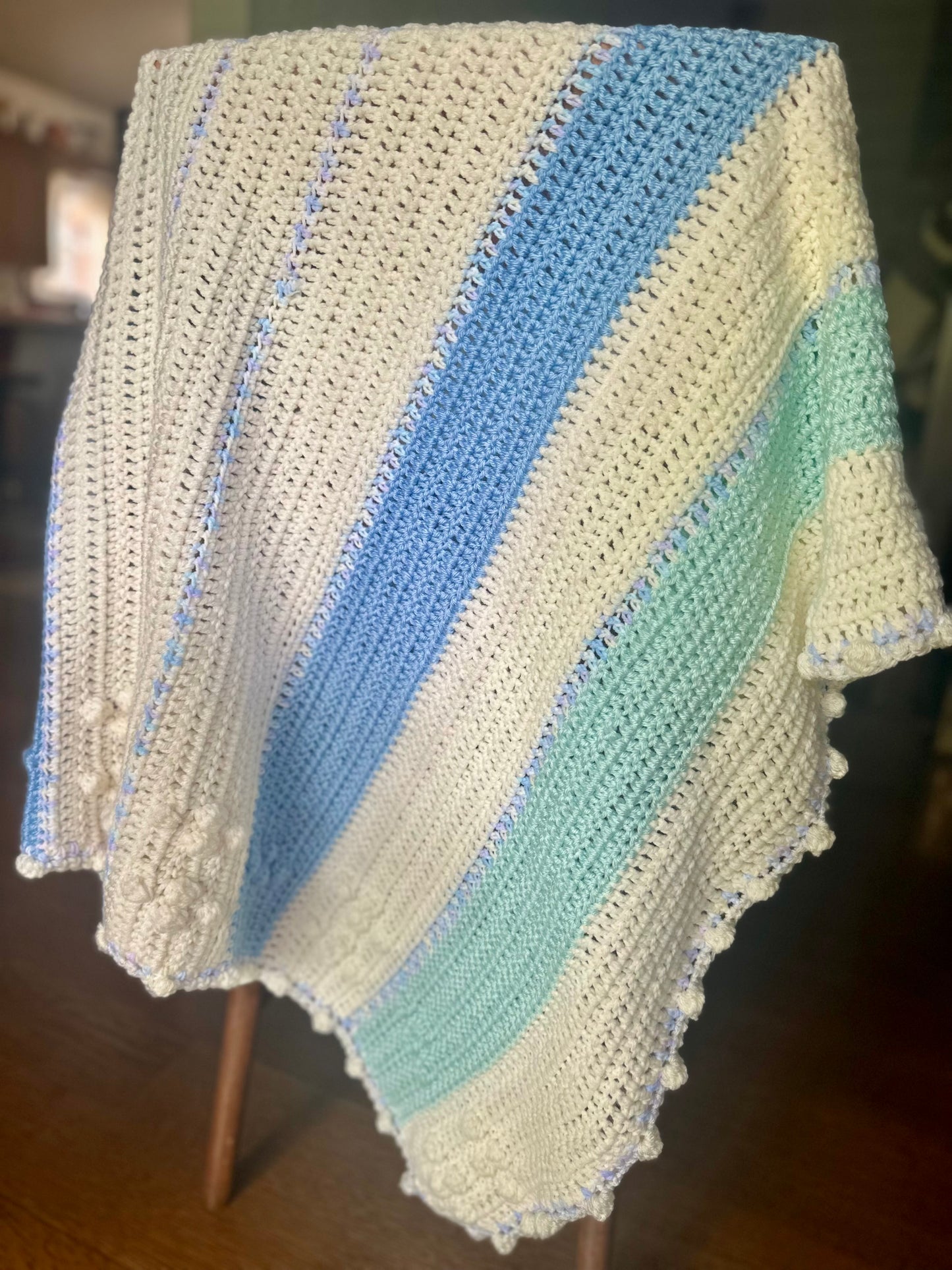 Crocheted Baby Blanket blue white frost color NEW