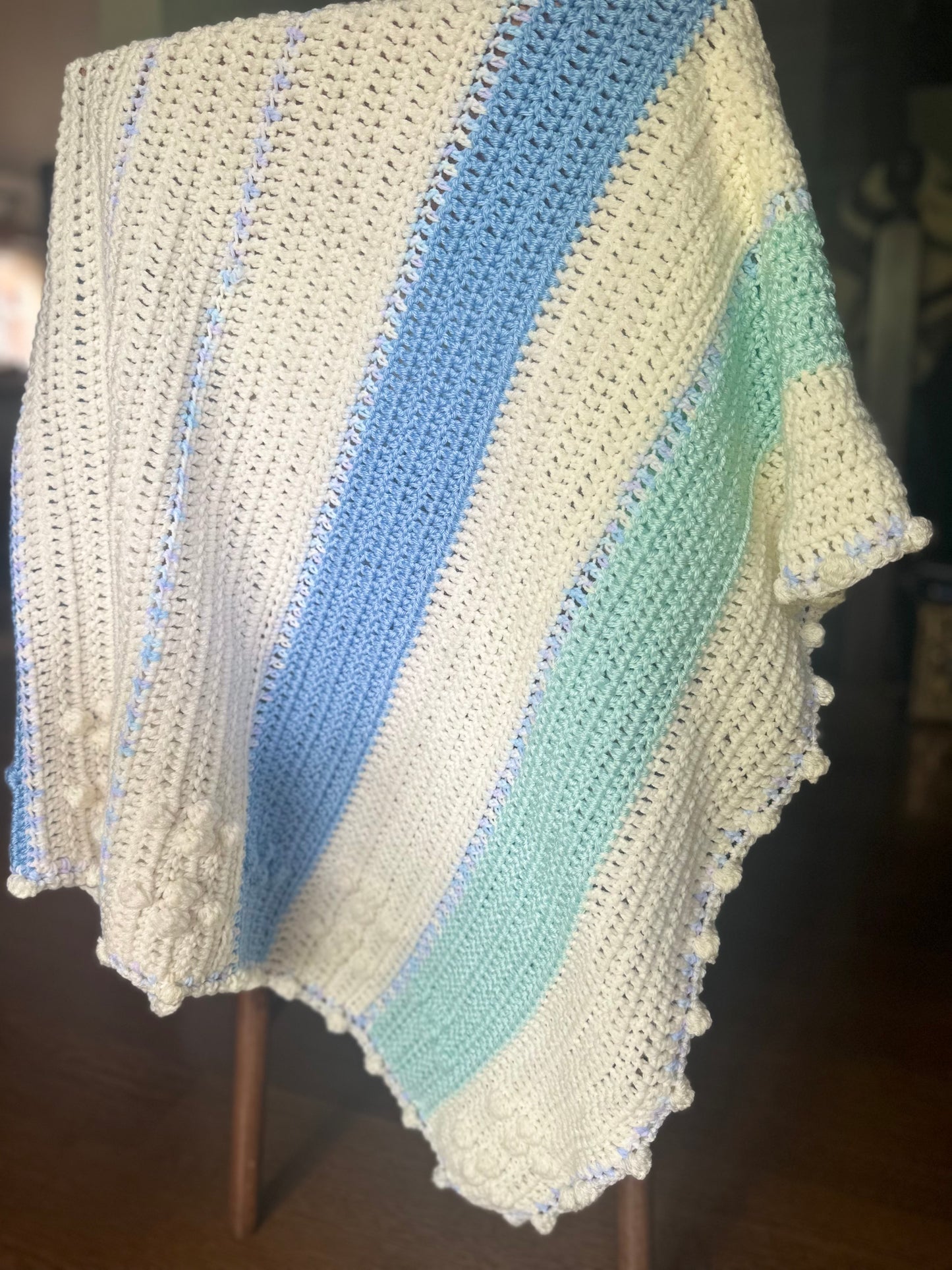 Crocheted Baby Blanket blue white frost color NEW