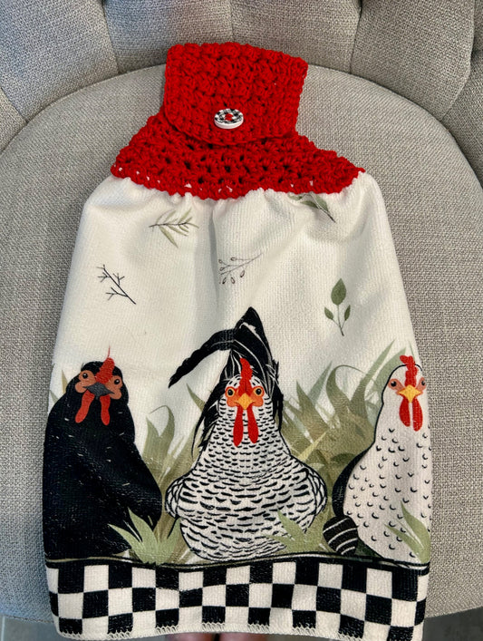 Crocheted top kitchen towel Chicken collection - black white checkered nest