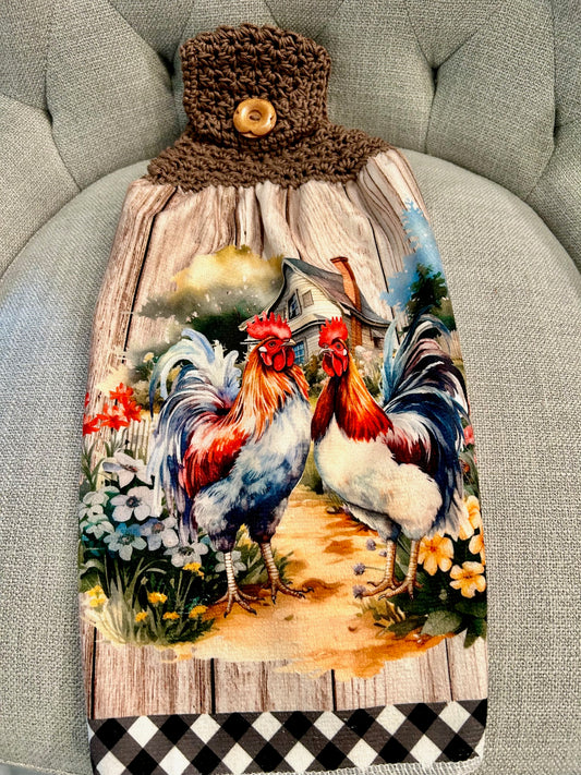 Crocheted top kitchen towel Chicken collection - pair bright roosters (brown)
