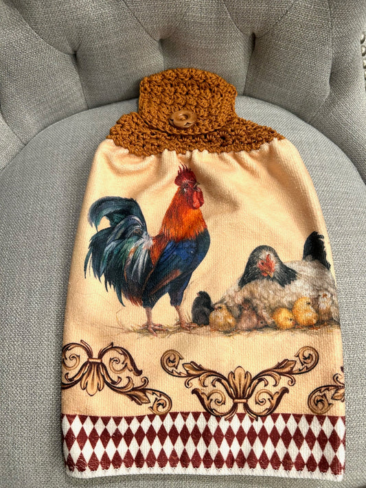Crocheted top | Kitchen towel | Chicken Hen collection | warm colors