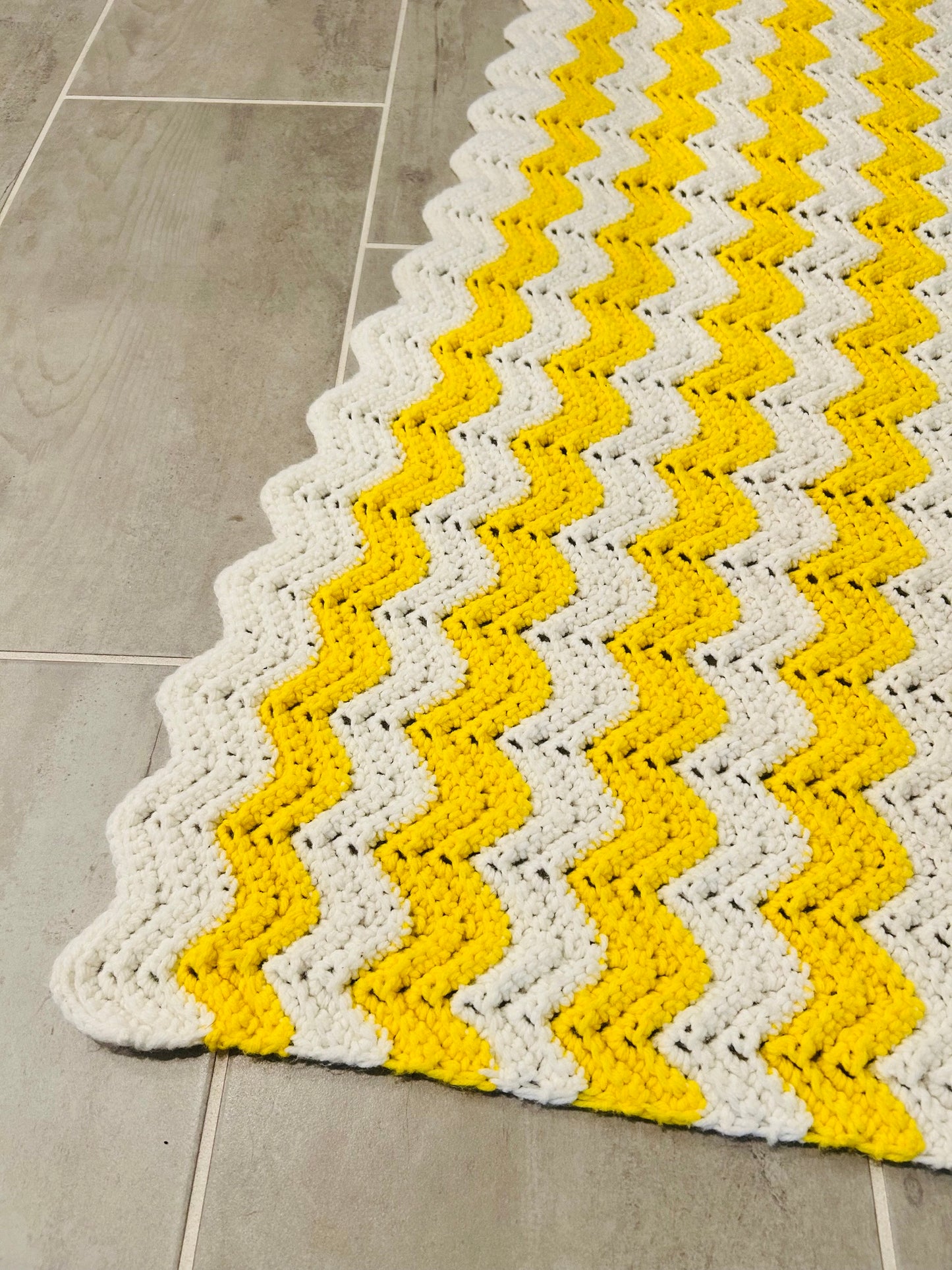 Crochet Afghan/ Lap Blanket - Ripple Pattern Yellow White - Handcrafted