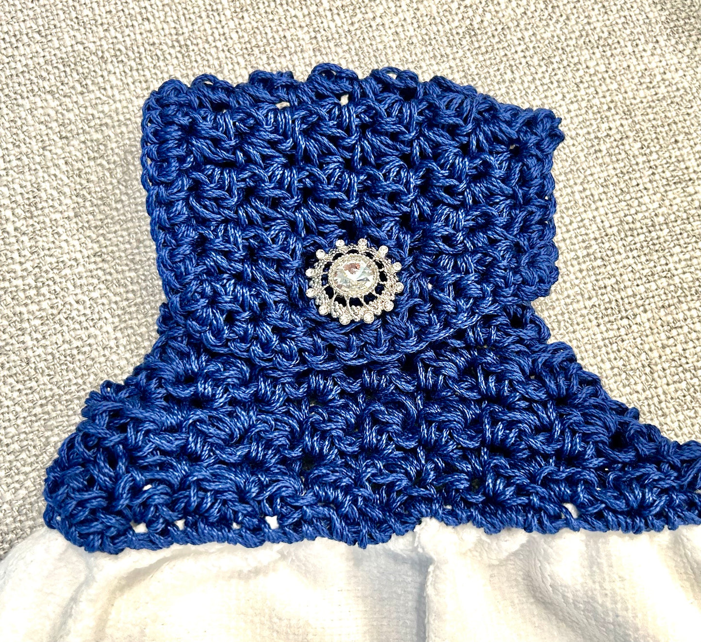 Chicken Hen Rooster| Crochet top kitchen towel | Farm Life Blue Floral Jewel button | Home Decor Gift