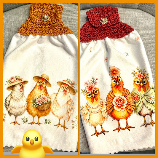 Chicken Hen Rooster | Crochet top kitchen towel | Farm Life | Fancy Hens Jewel Button | Home Decor Gift