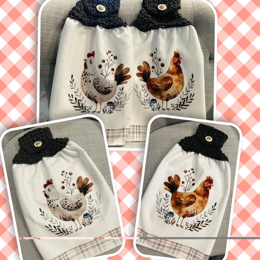 Chicken Hen Rooster| Crochet top kitchen towel | Farm Life Plaid White Jewel button | Home Decor Gift