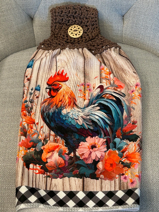 Crocheted top kitchen towel Chicken collection - bright blue rooster