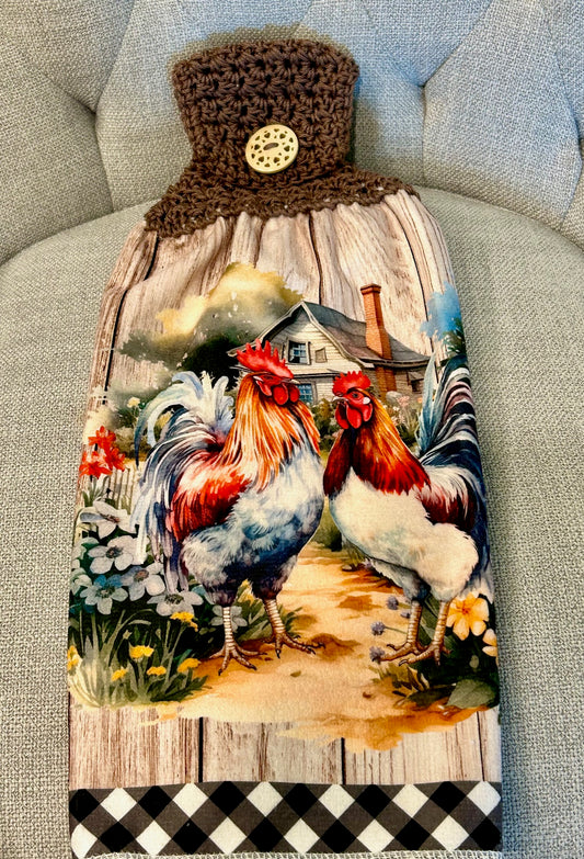 Crocheted top kitchen towel Chicken collection - pair bright roosters (brown)