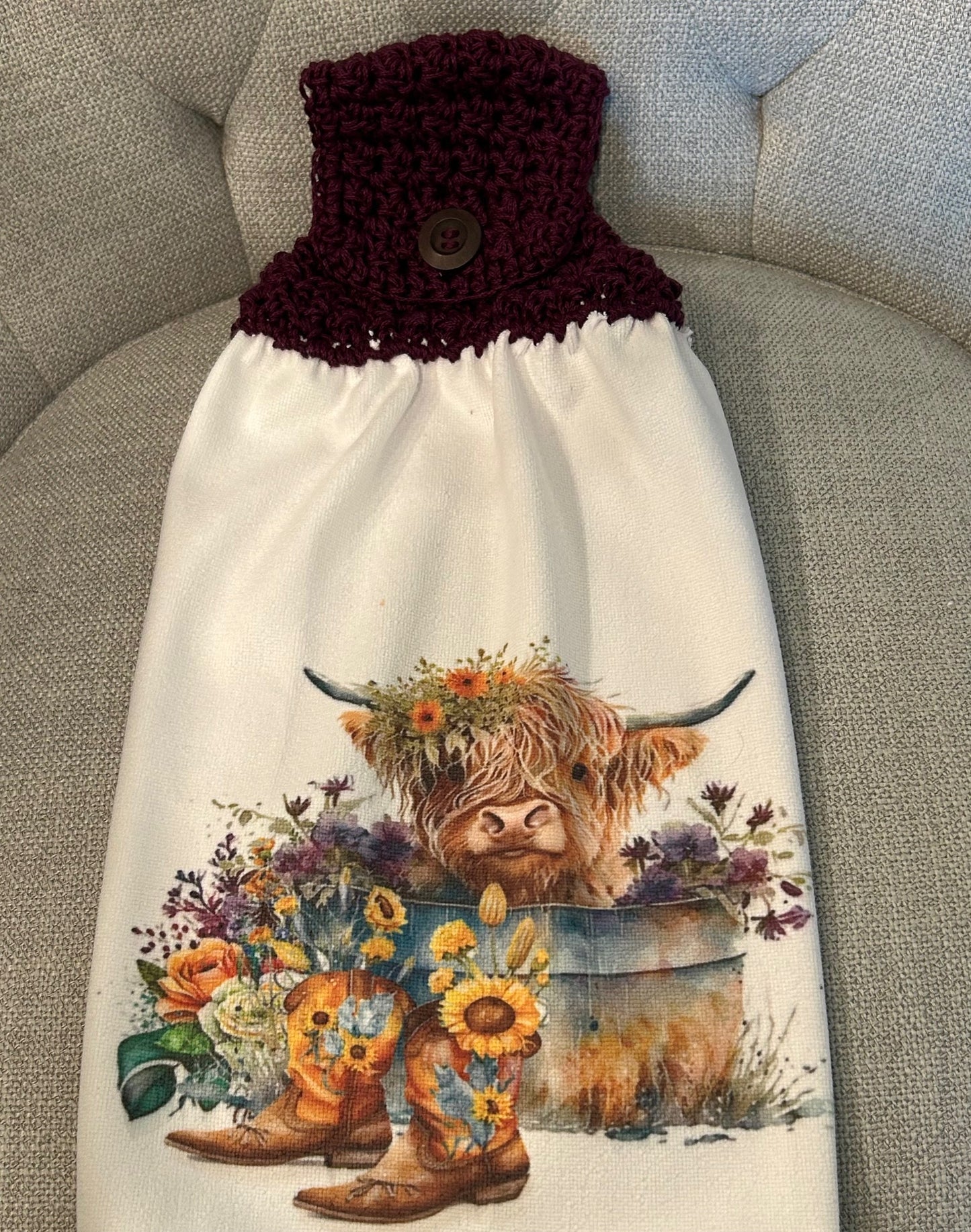 Highland COW farmhouse decor towel with crochet top
