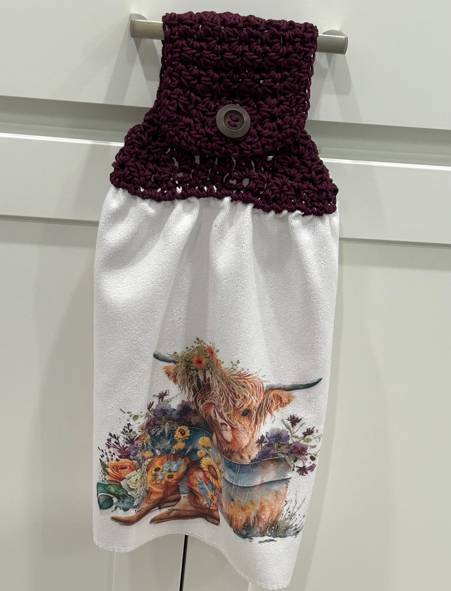 Highland COW farmhouse decor towel with crochet top