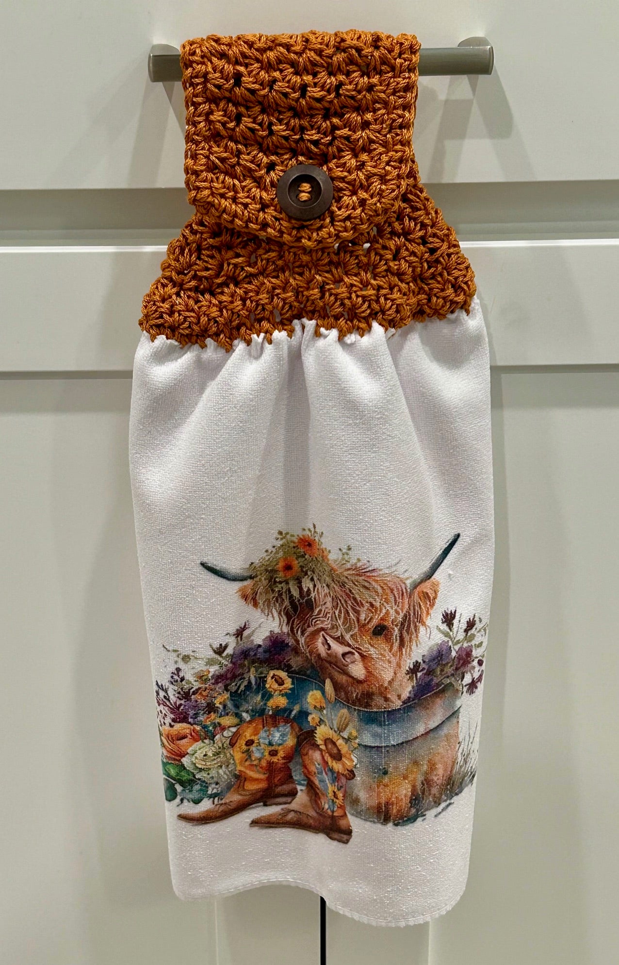Highland COW farmhouse decor towel with crochet top