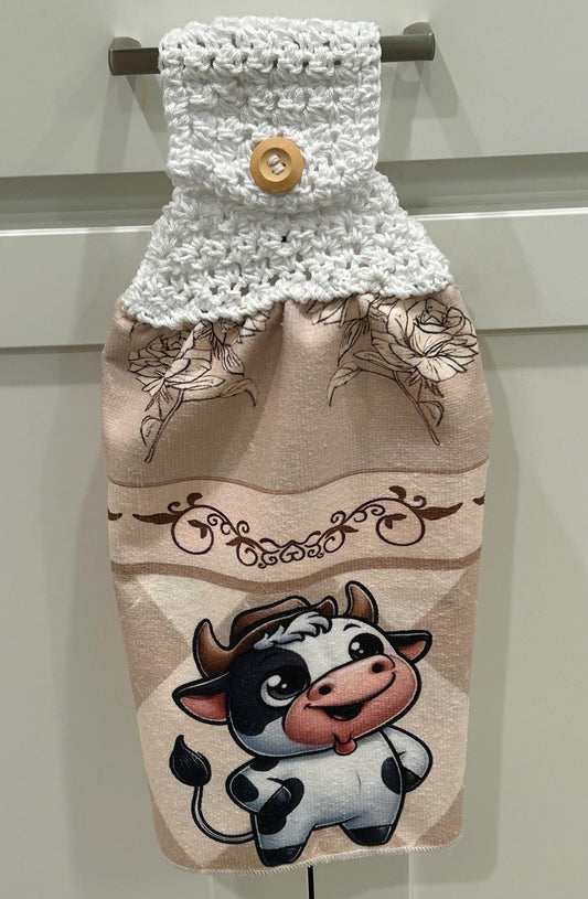 Crocheted top kitchen towel Cow collection - cartoon style white