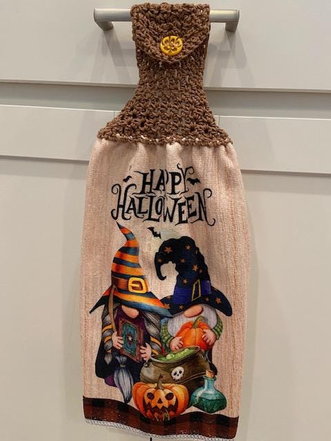 Crocheted top kitchen towel - Halloween gnome