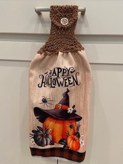 Crocheted top kitchen towel - Halloween pumpkin with hat