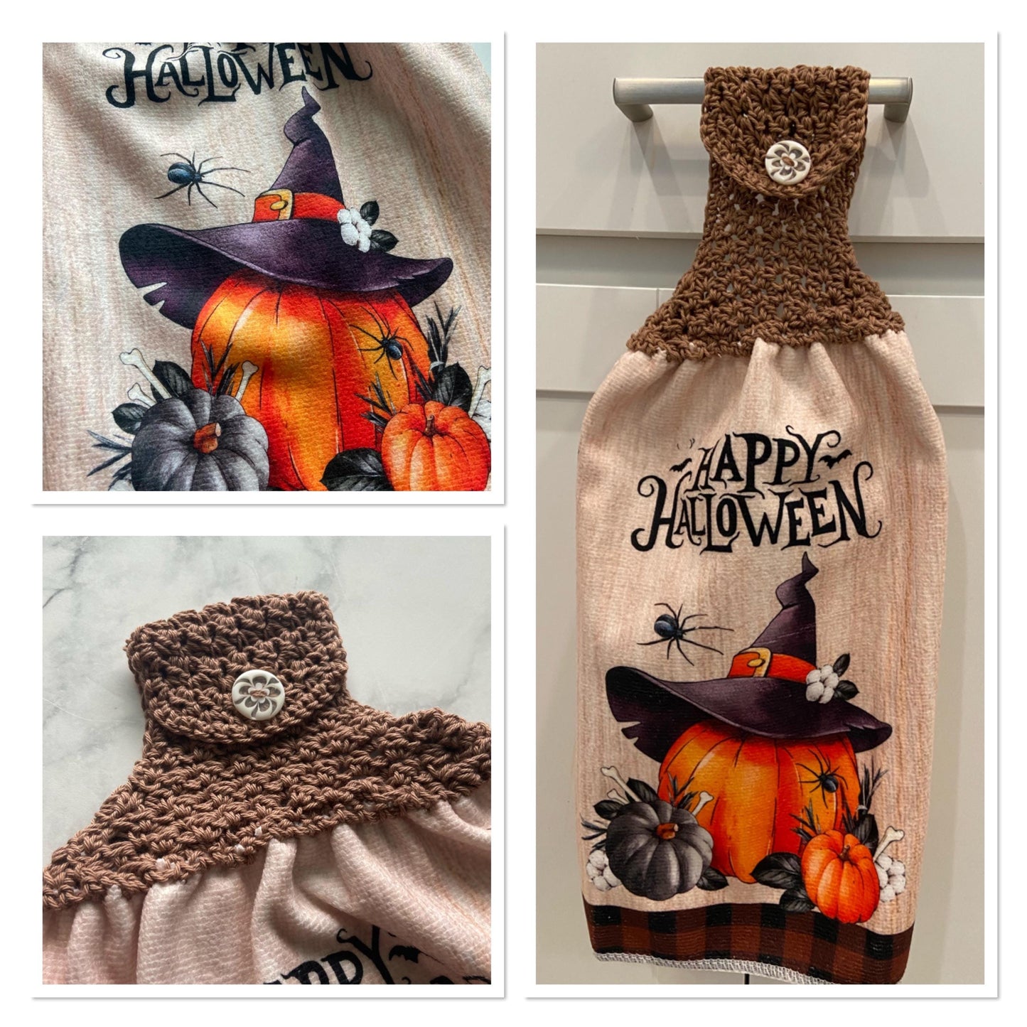 Crocheted top kitchen towel - Halloween pumpkin with hat