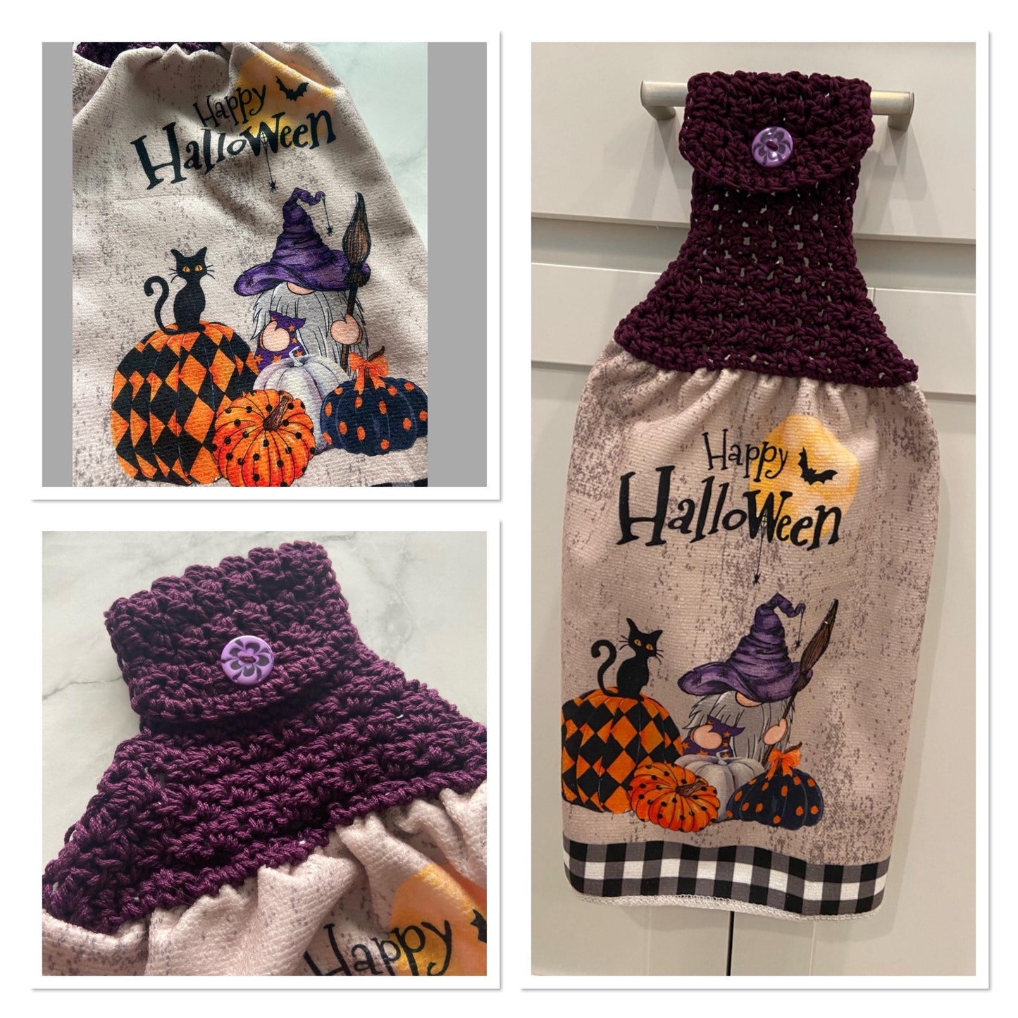 Crocheted top kitchen towel - Halloween checkered pumpkin