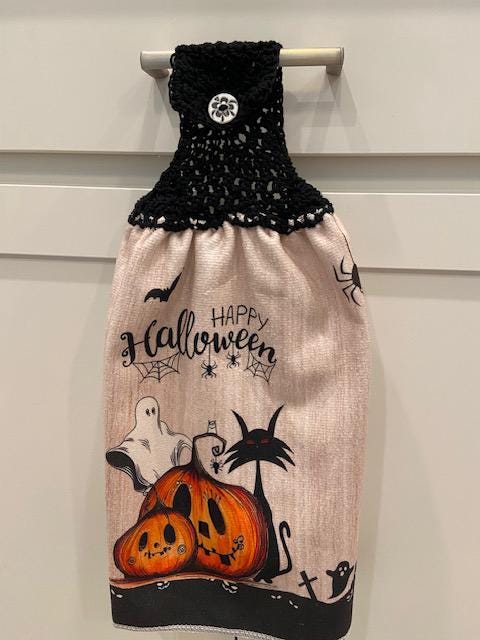 Crocheted top kitchen towel - Halloween ghost cat pumpkin