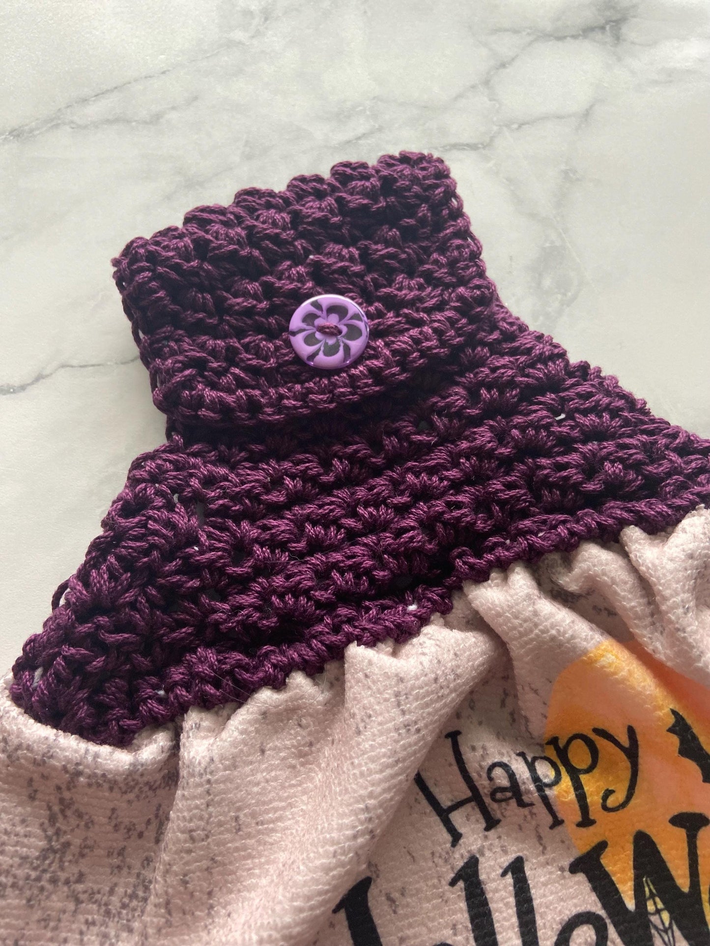 Crocheted top kitchen towel - Halloween checkered pumpkin