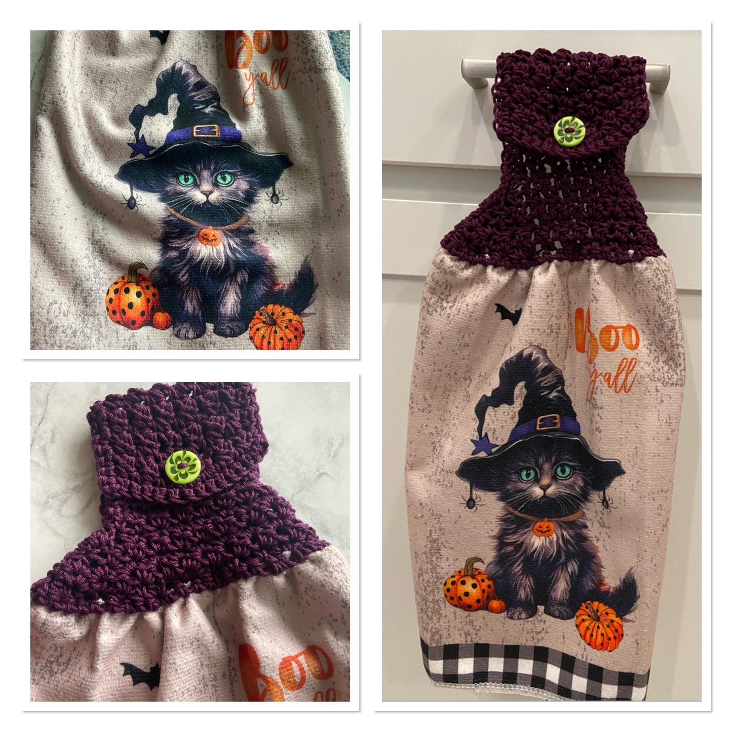 Crocheted top kitchen towel - Halloween cat in hat