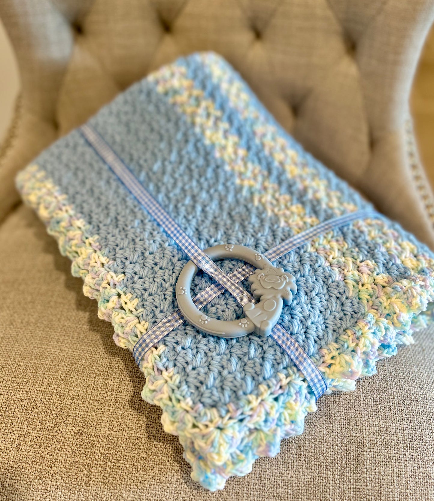 Crochet Baby Blanket - blue multi color NEW - very soft
