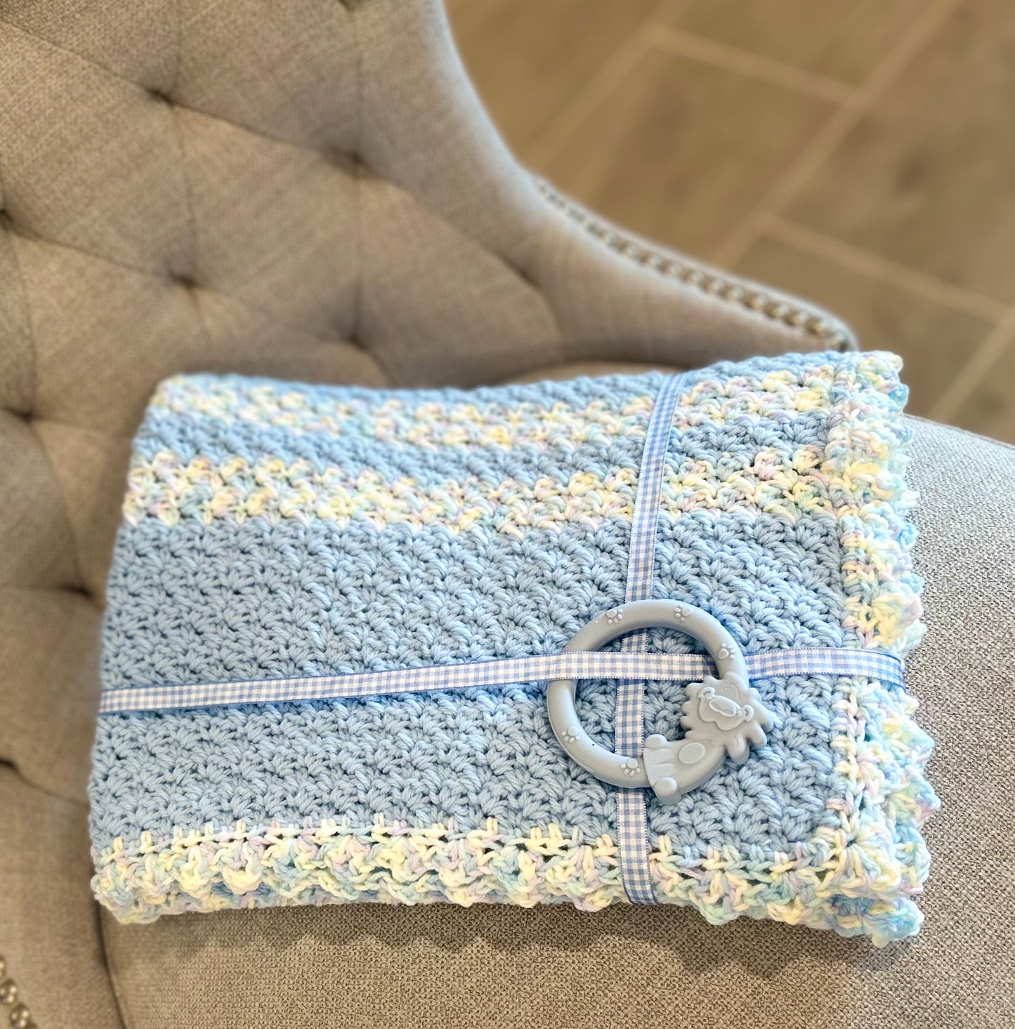 Crochet Baby Blanket - blue multi color NEW - very soft