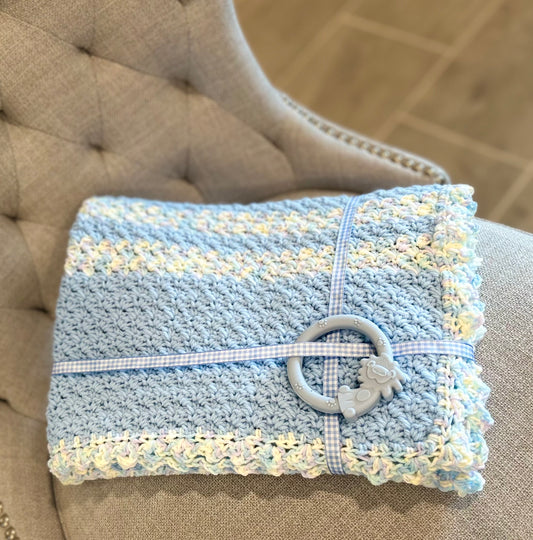 Crochet Baby Blanket - blue multi color NEW - very soft