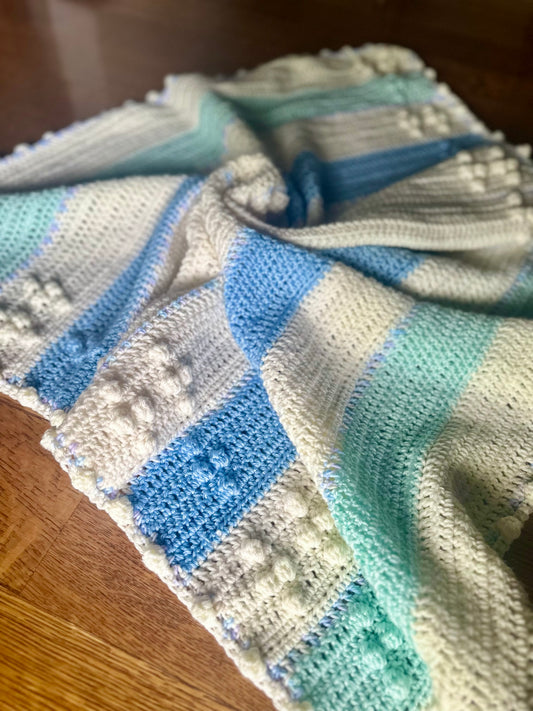 Crocheted Baby Blanket blue white frost color NEW