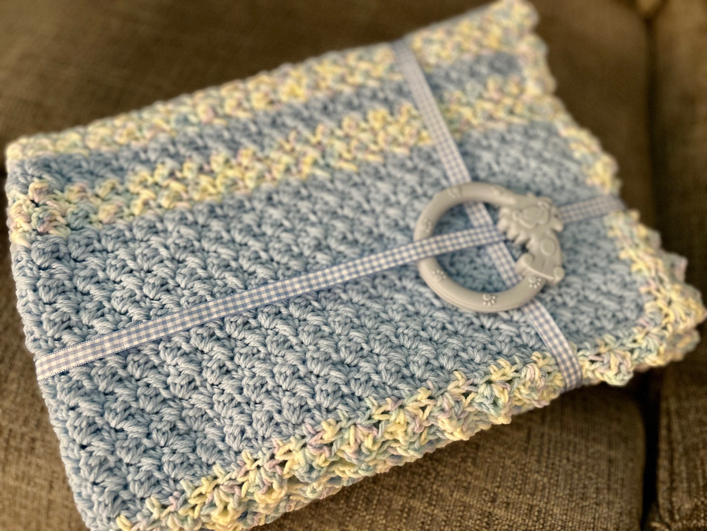 Baby Blanket Crochet Afghan blue multi color NEW - very soft with gift