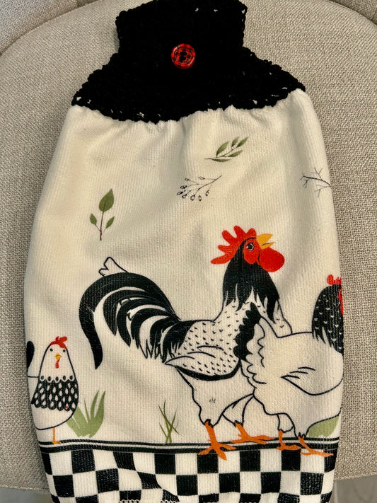Crocheted top kitchen towel Chicken collection - black outline on white