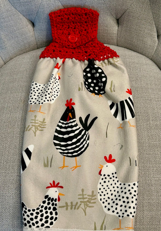Crocheted top kitchen towel Chicken Collection - black white stripes