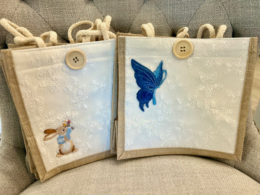 Gift bag | foldable burlap | butterfly \ rabbit bunny |appliqué