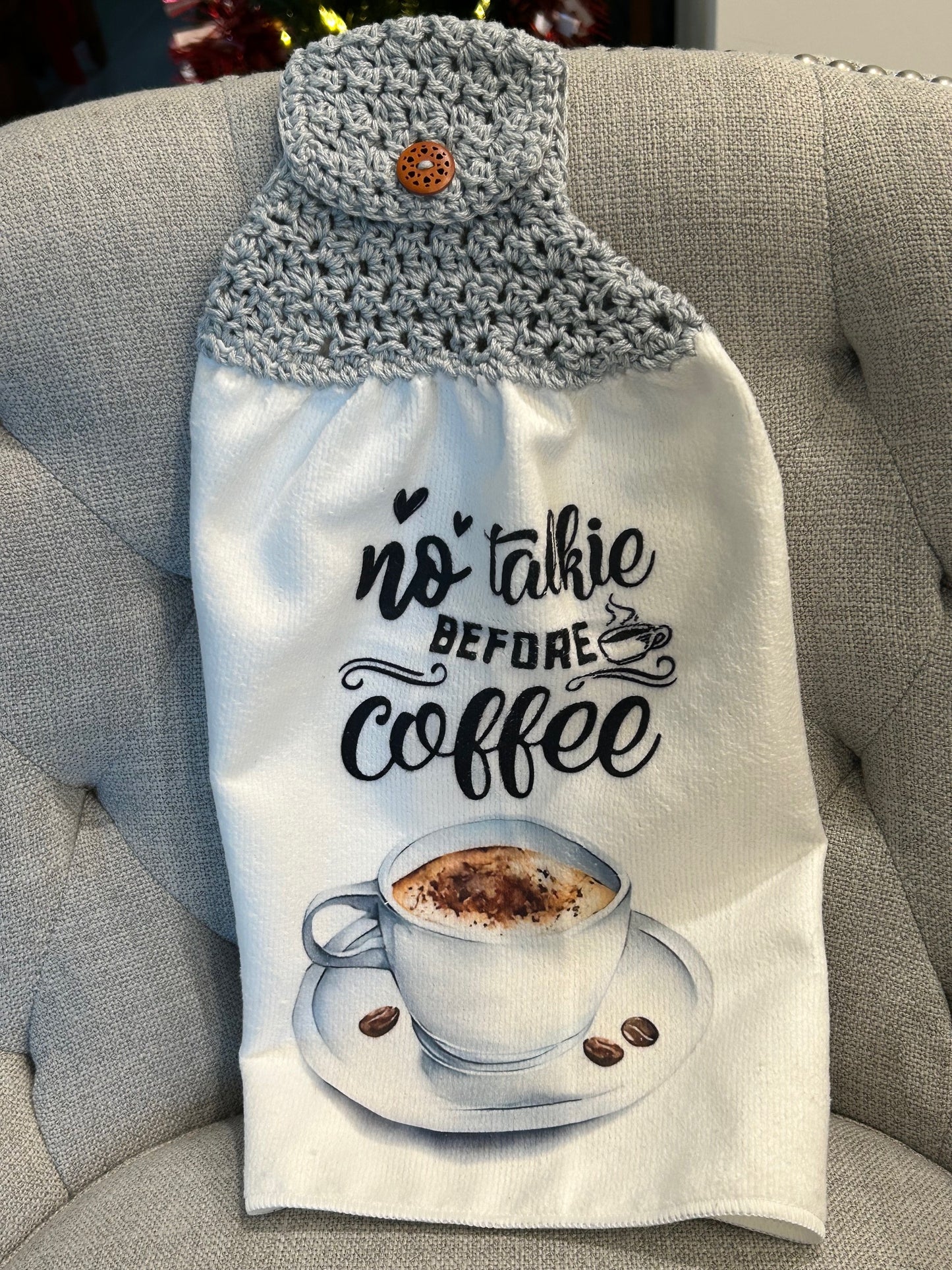 Crochet top | kitchen towel Coffee collection ‘no talkie before coffee'