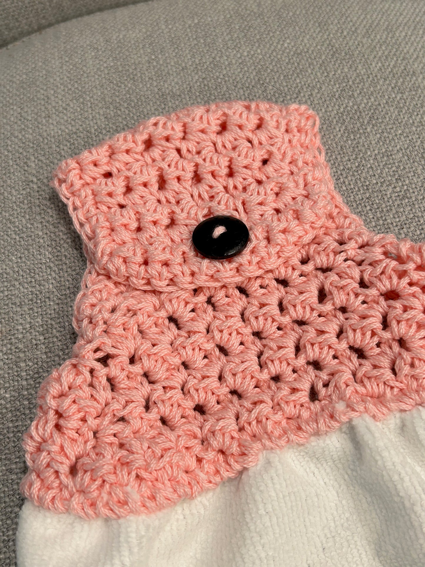 Crocheted top kitchen or bar towel - WINE themed 'wine a little, laugh a lot'