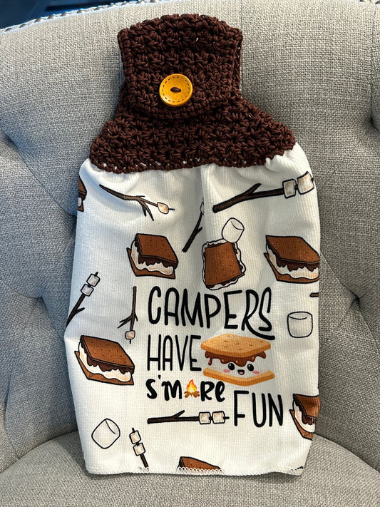 Crocheted top kitchen towel | Camping | Smores | Fun saying