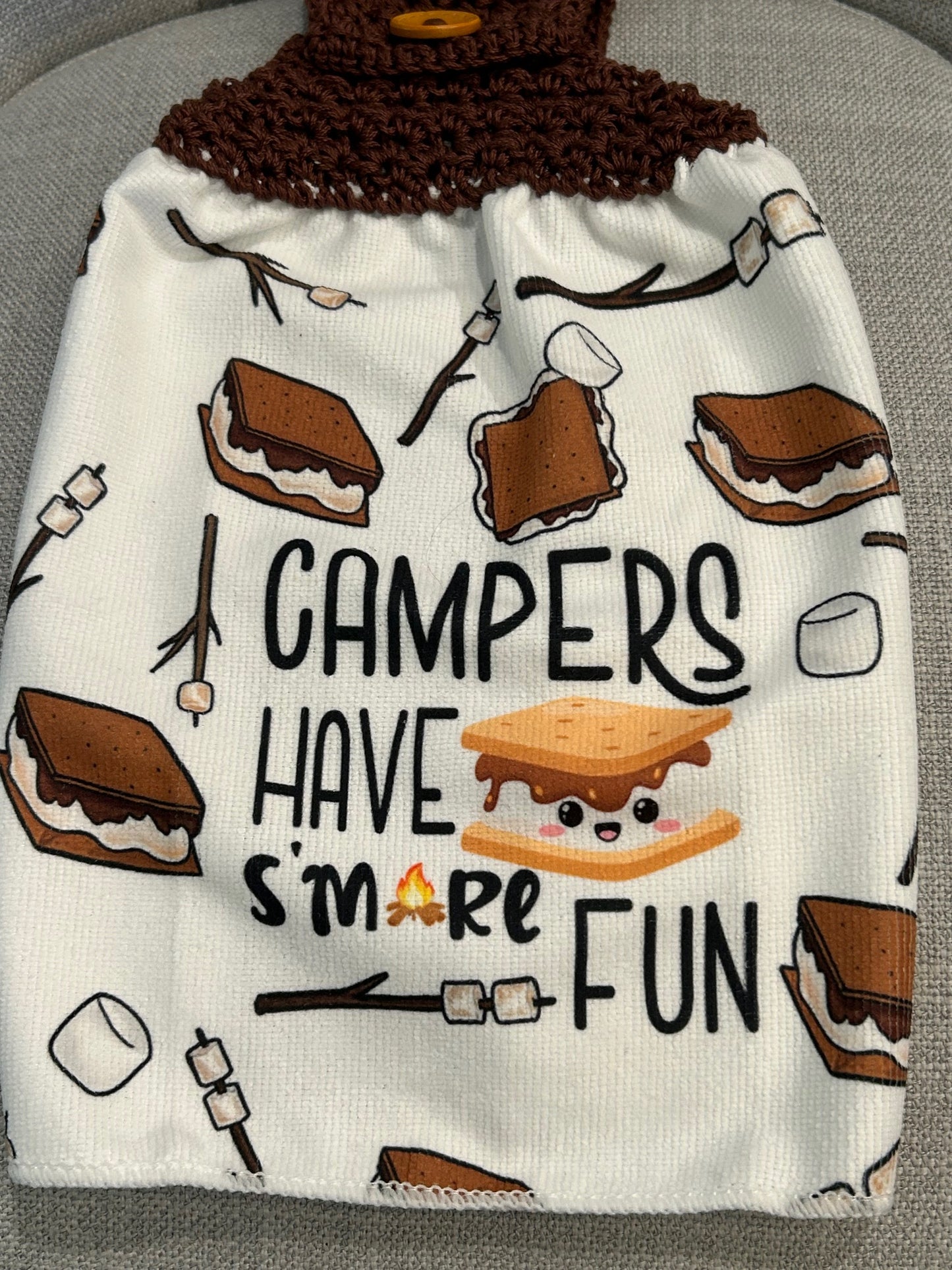 Crocheted top kitchen towel | Camping | Smores | Fun saying