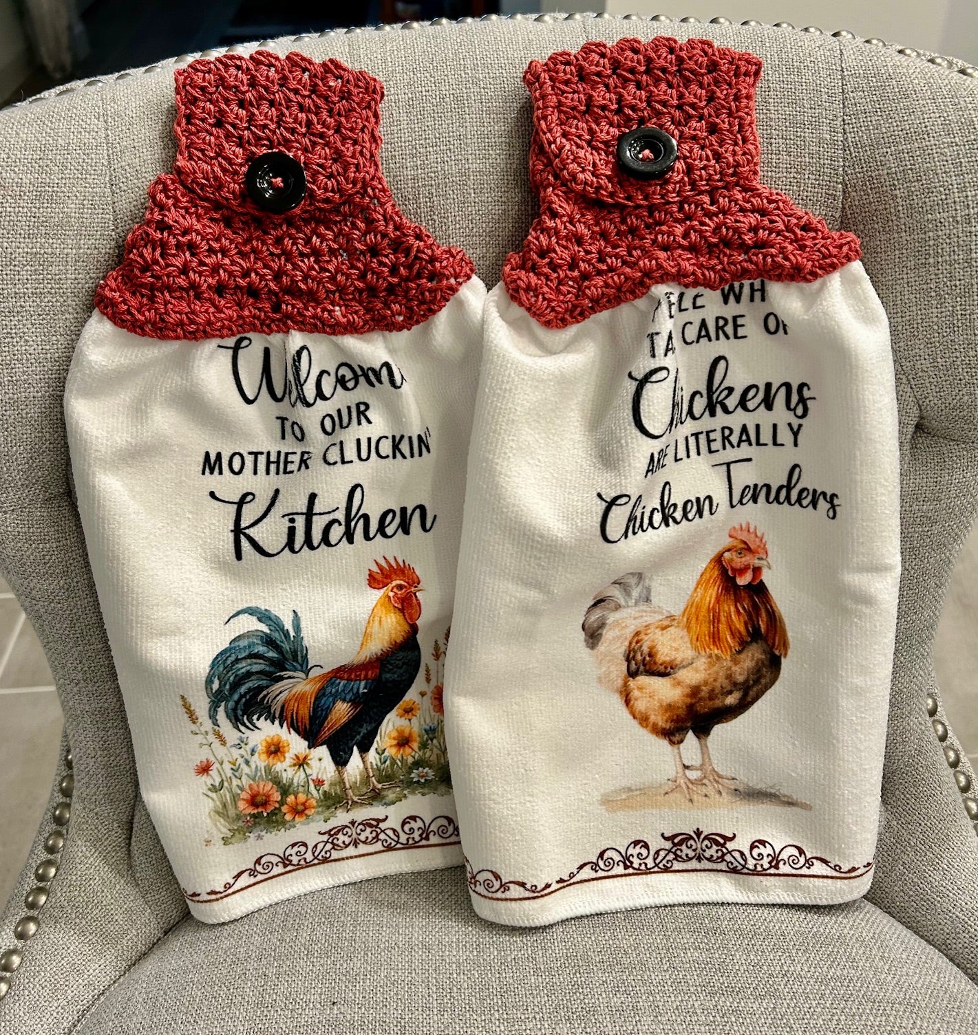 Crocheted top kitchen towel Chicken collection - Tenders and Fun