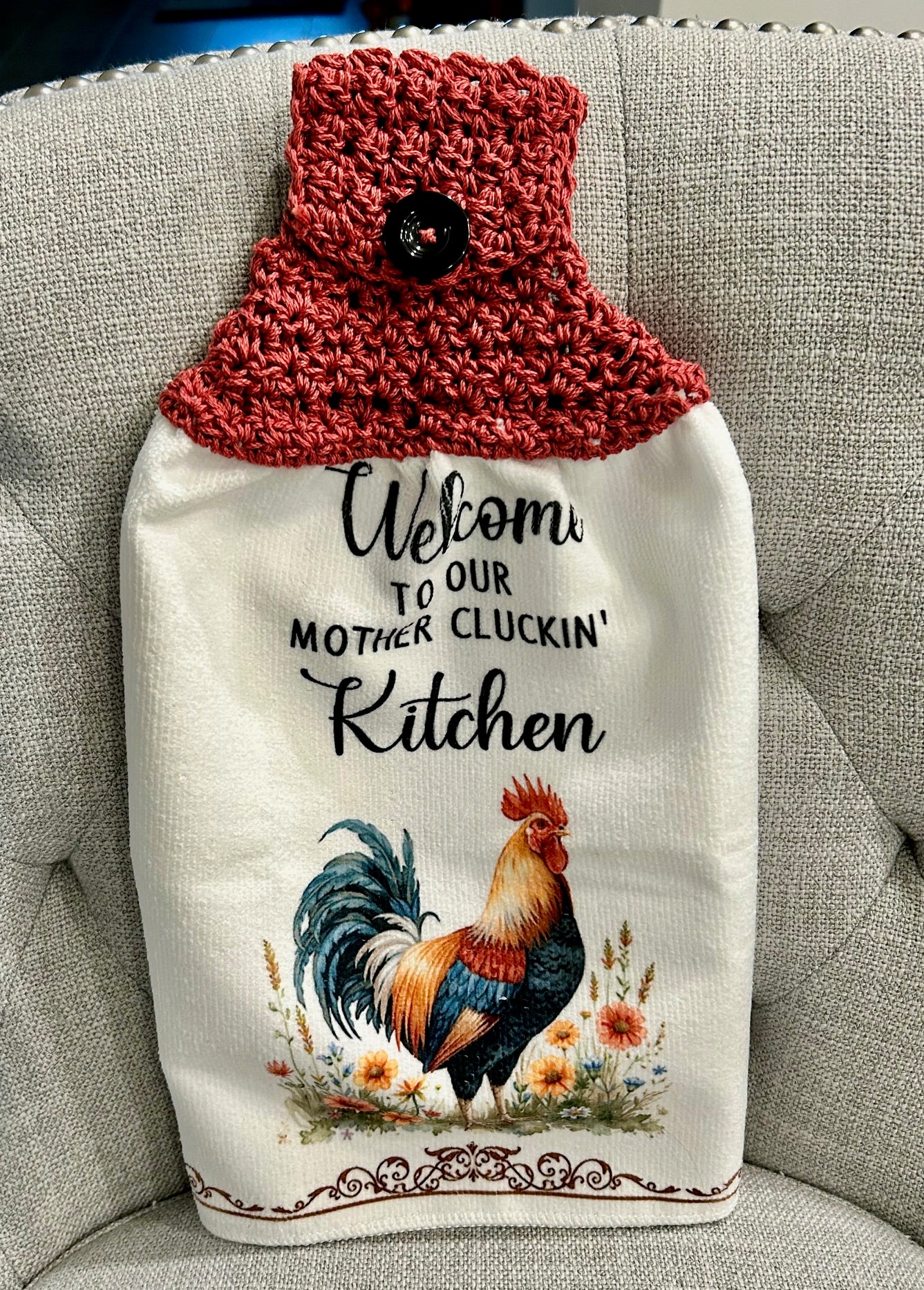Crocheted top kitchen towel Chicken collection - Tenders and Fun