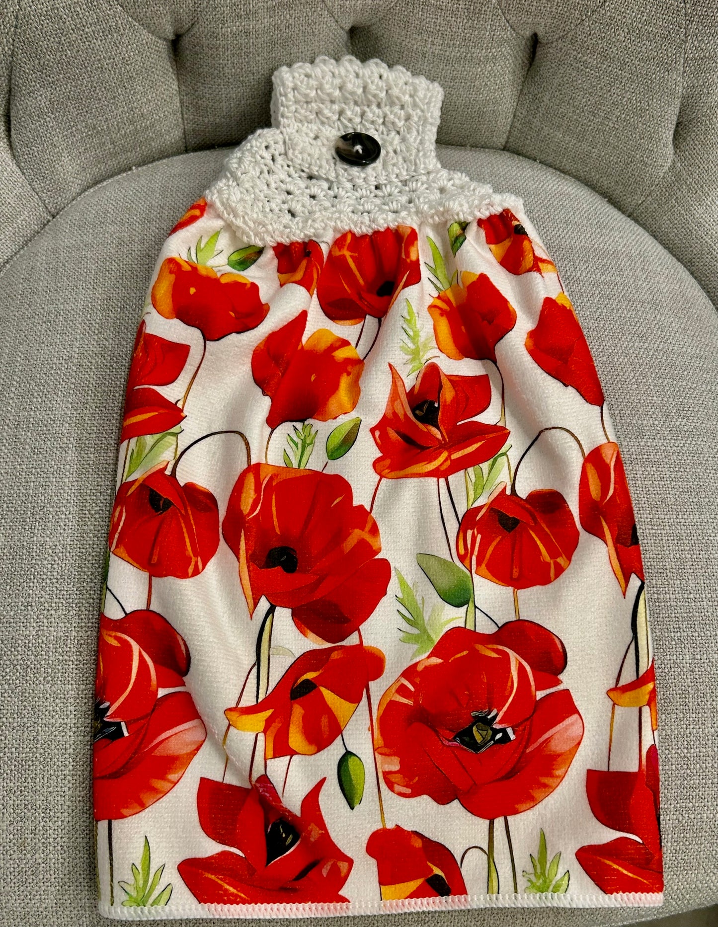 Crocheted top kitchen towel Flowers Red Poppy vase jar Spring