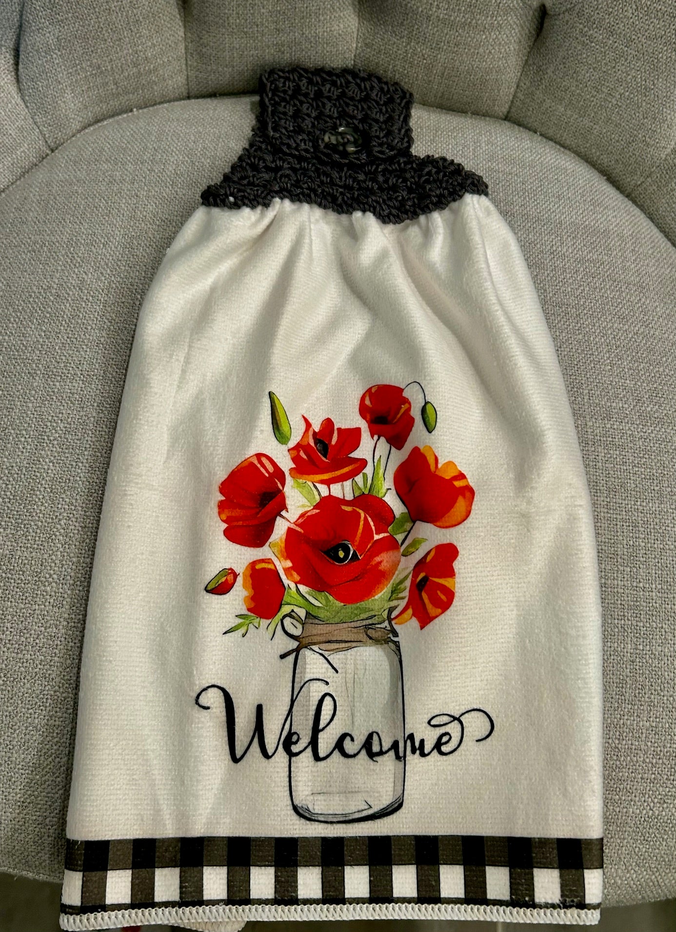 Crocheted top kitchen towel Flowers Red Poppy vase jar Spring