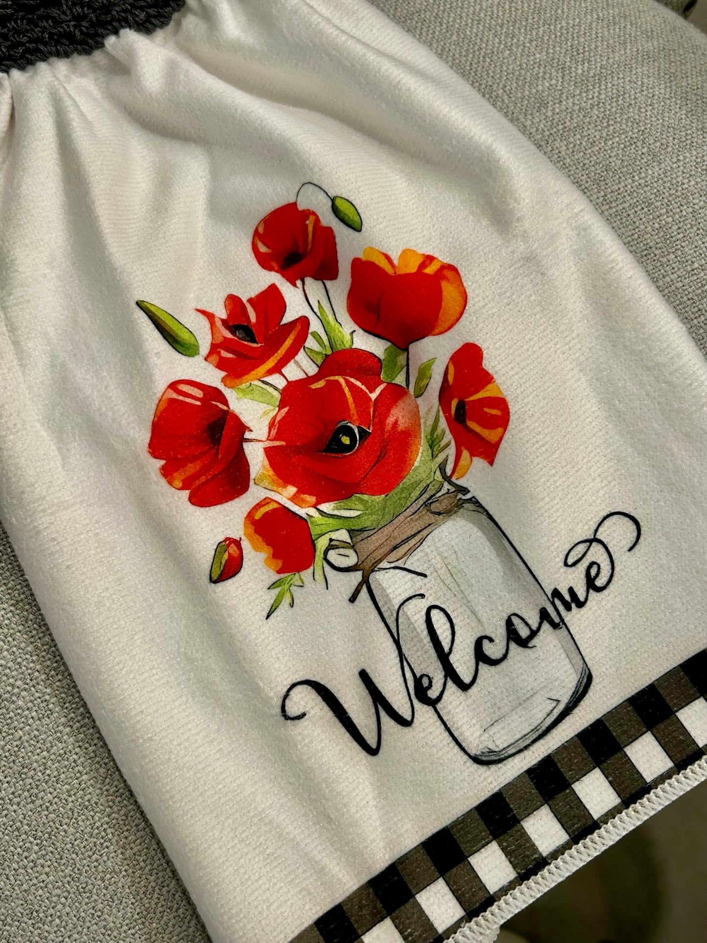 Crocheted top kitchen towel Flowers Red Poppy vase jar Spring