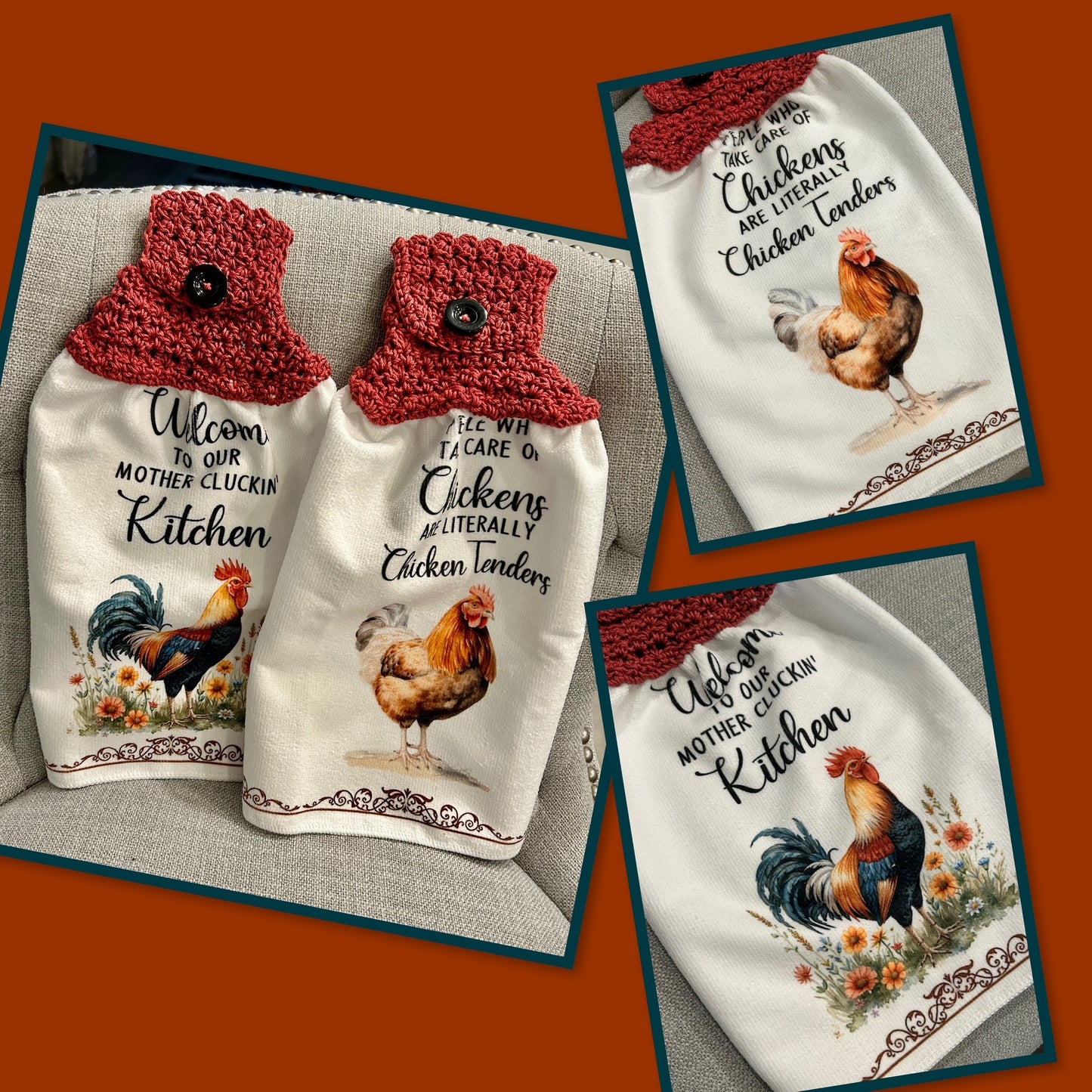 Crocheted top kitchen towel Chicken collection - Tenders and Fun