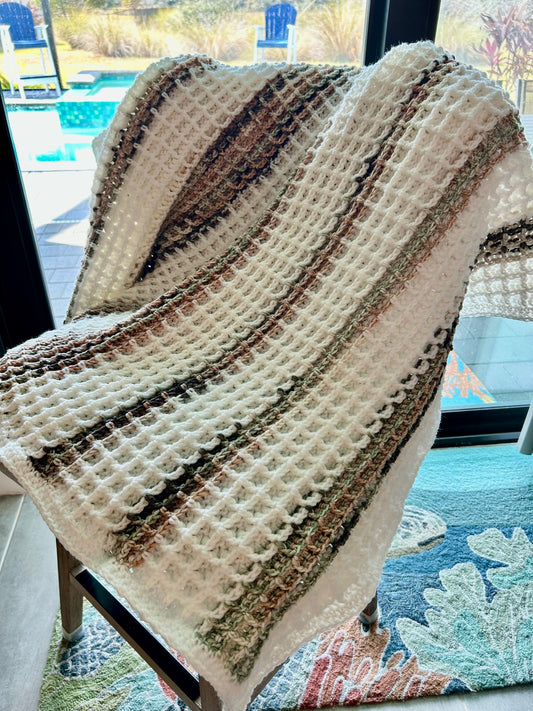 Crochet Afghan/ Lap Blanket - White and Earth Tones | Textured and NEW