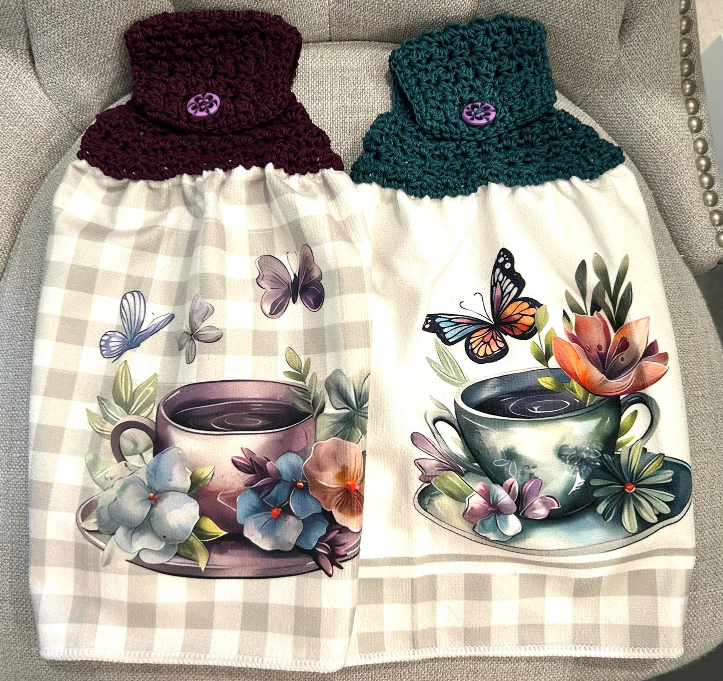 Crocheted top kitchen towel Butterflies and Teacup | Spring Summer