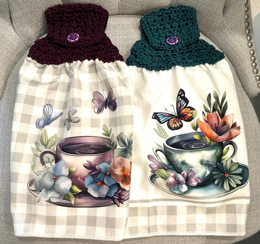 Crocheted top kitchen towel Butterflies and Teacup | Spring Summer