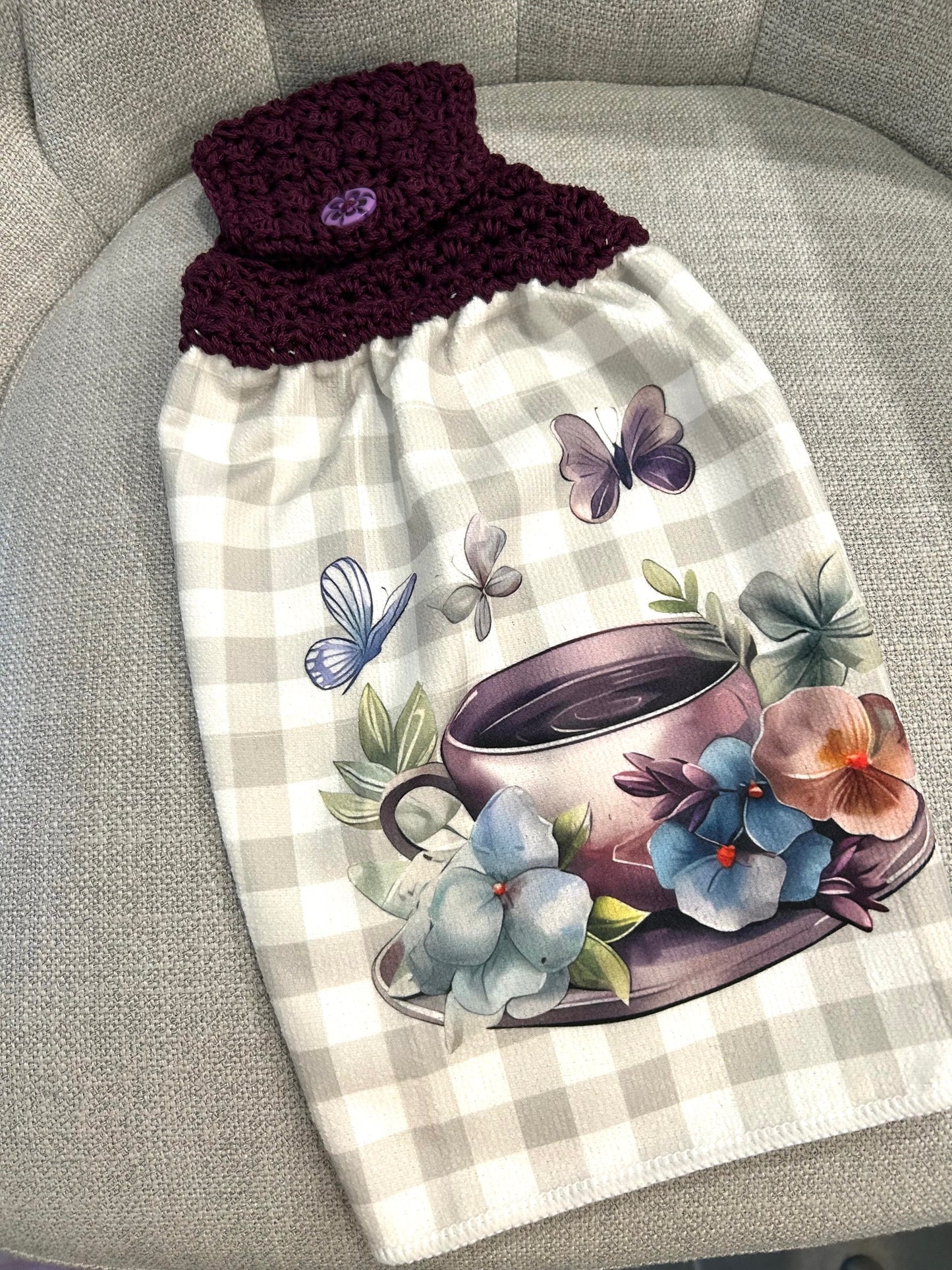 Crocheted top kitchen towel Butterflies and Teacup | Spring Summer