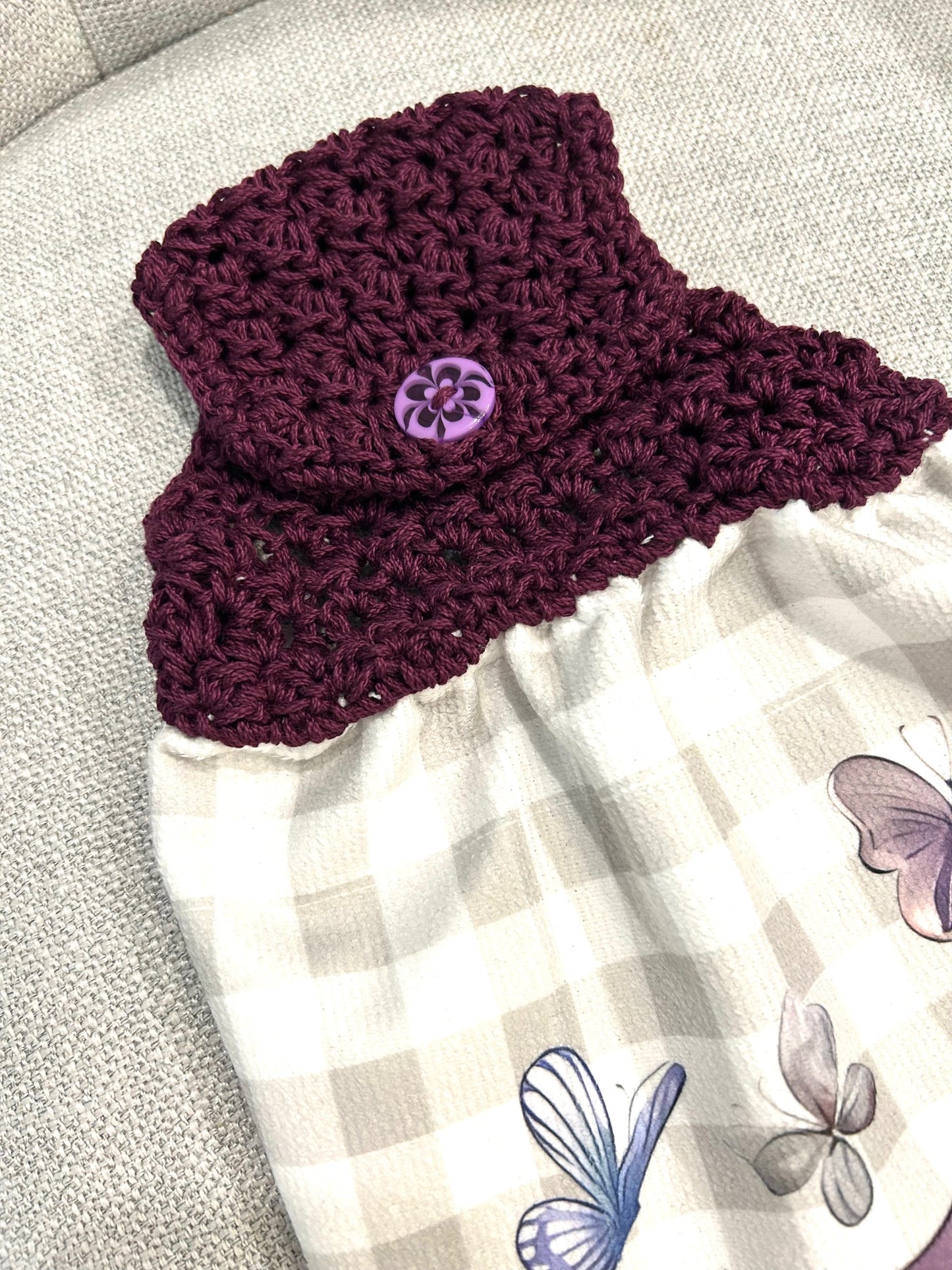 Crocheted top kitchen towel Butterflies and Teacup | Spring Summer
