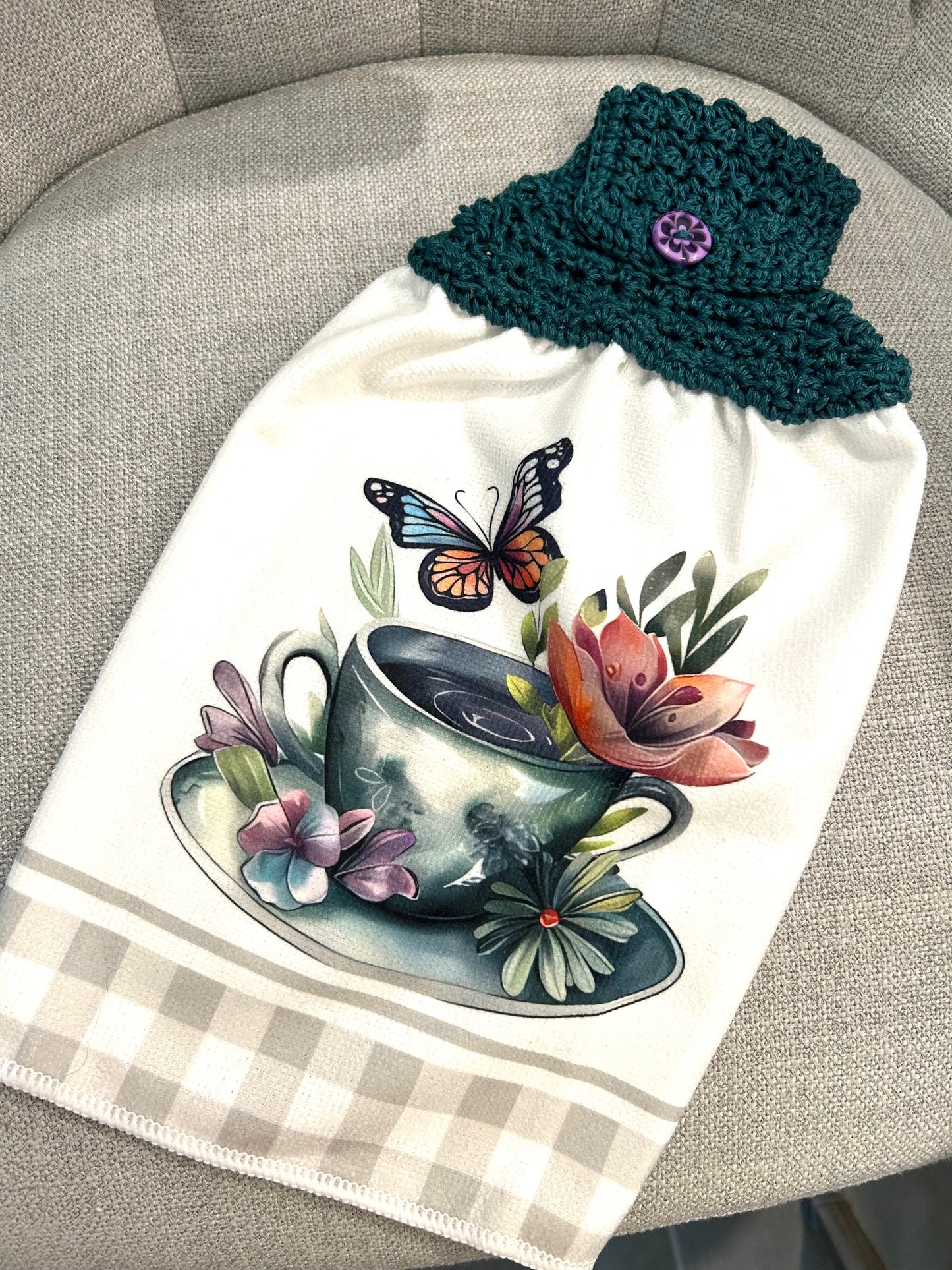 Crocheted top kitchen towel Butterflies and Teacup | Spring Summer
