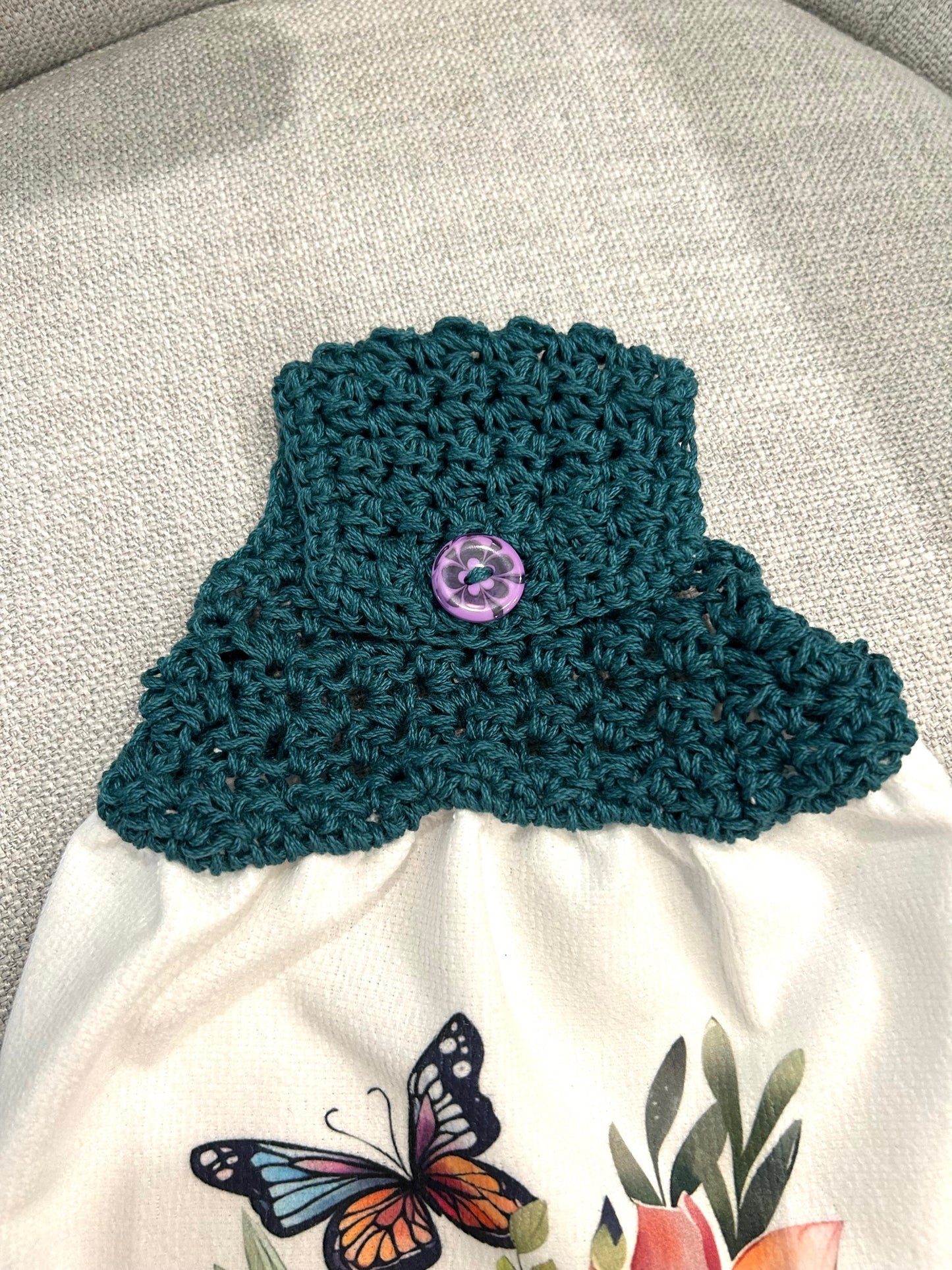Crocheted top kitchen towel Butterflies and Teacup | Spring Summer