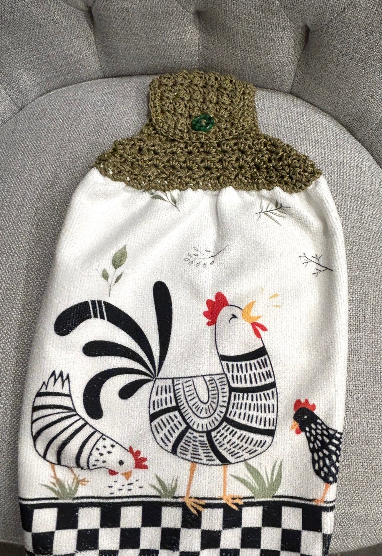 Crocheted top | Kitchen towel | Black and White Chicken Hen collection | YOUR CHOICE